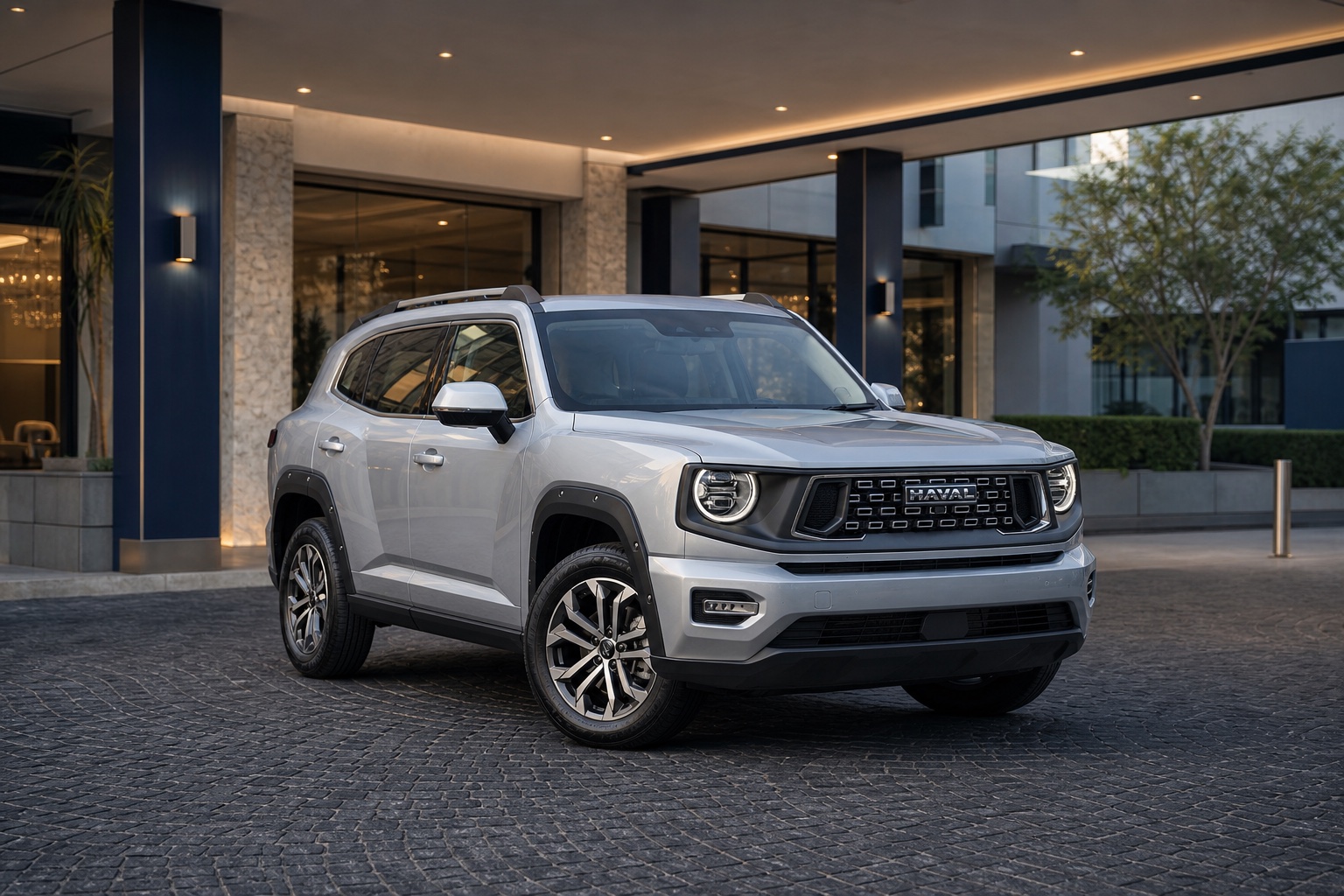 Silver Haval H7 executive SUV at a premium hotel entrance