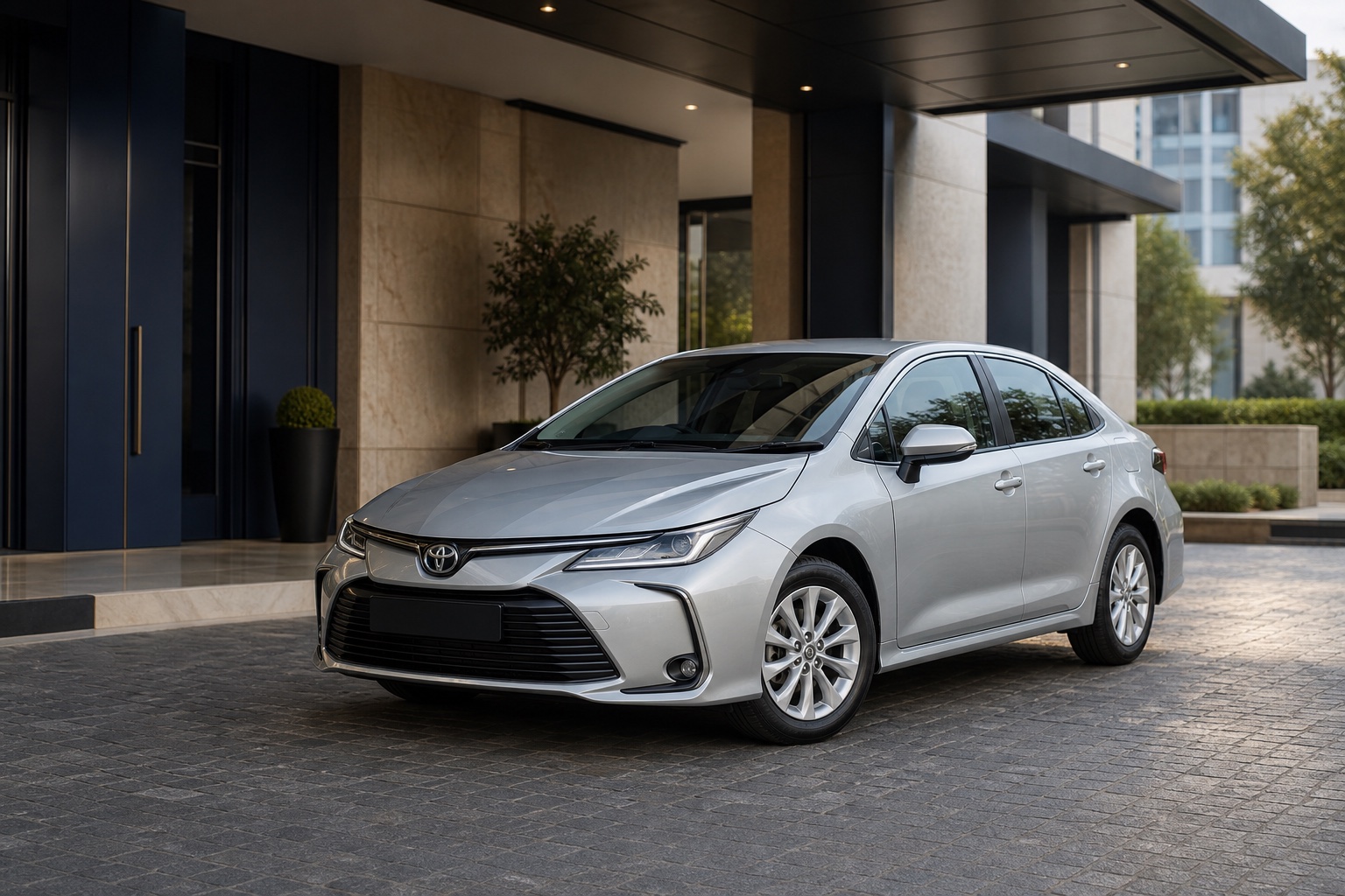 Silver Toyota executive sedan at a premium hotel entrance